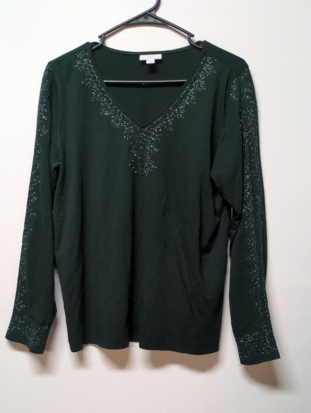 JJill Green Silver Long Sleeve Embroidered Tee Shirt, Size S